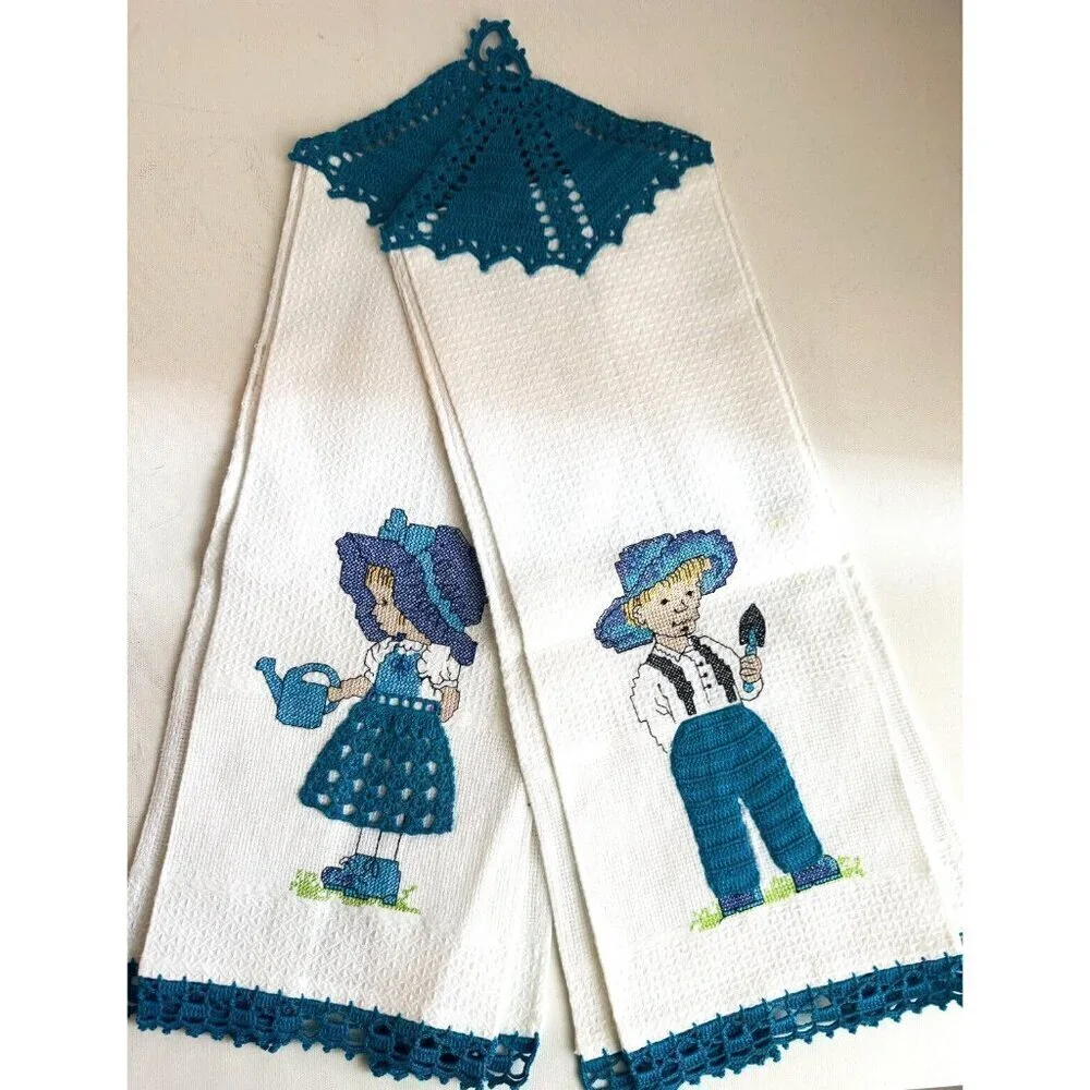 Vintage Crochet Detail Tea Towels Girl and Boy Motif Set of 2